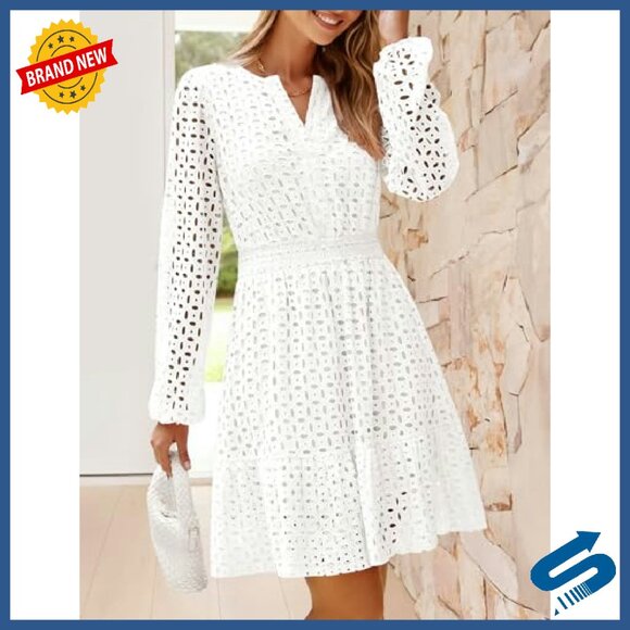 Long Sleeve Mini Dress V Neck Eyelet Embroidery Ruffle A Line Swing - Picture 3 of 8